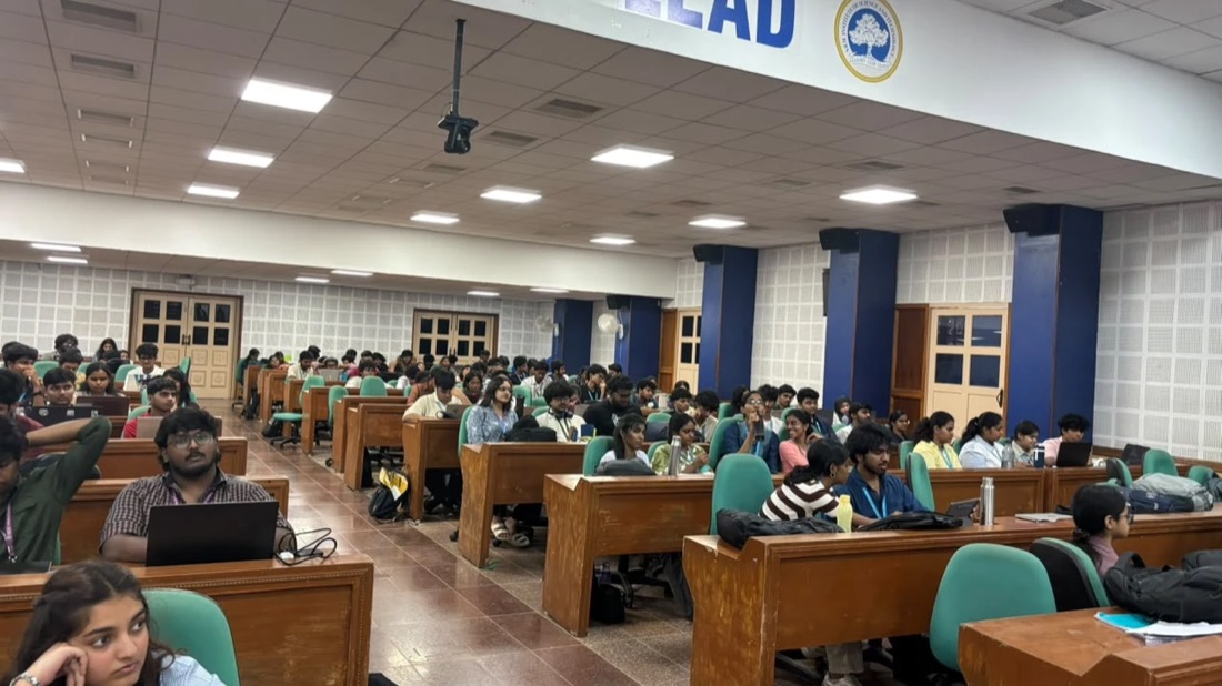 A full lecture hall of students on laptops during CTF 2026